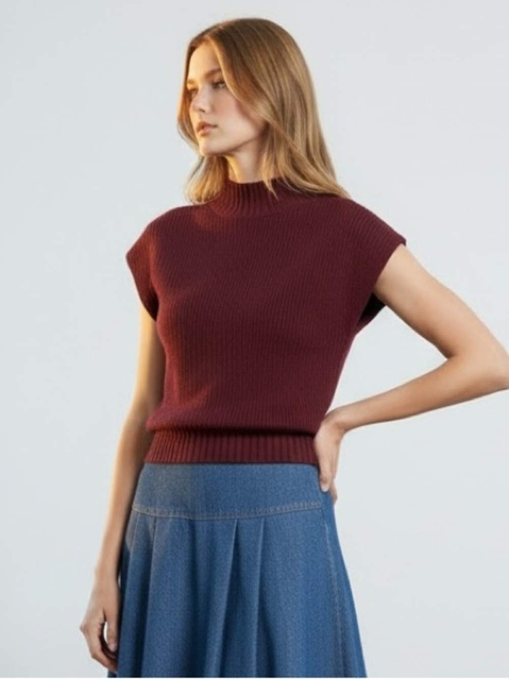 1590 • Burgundy Cotton Blend Rib-Knit Mock Neck Sleeveless Sweater Top